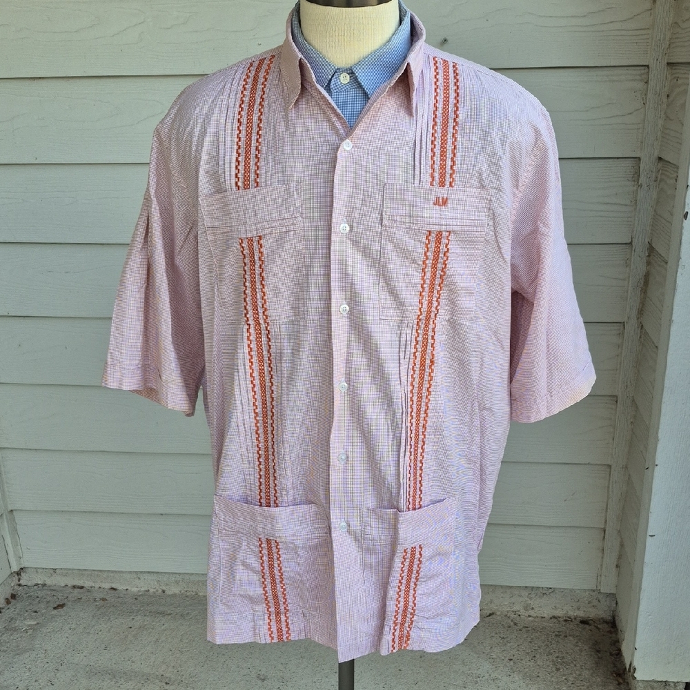 SAN CRISTOBAL Guayberas Orange White Plaid Embroidered XXL Short Sleeve Shirt‎